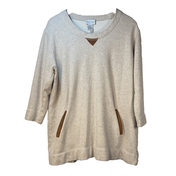 Soft Surroundings Oatmeal Sweater Kangaroo Pockets Leather Trim Petite Large - Picture 1 of 7